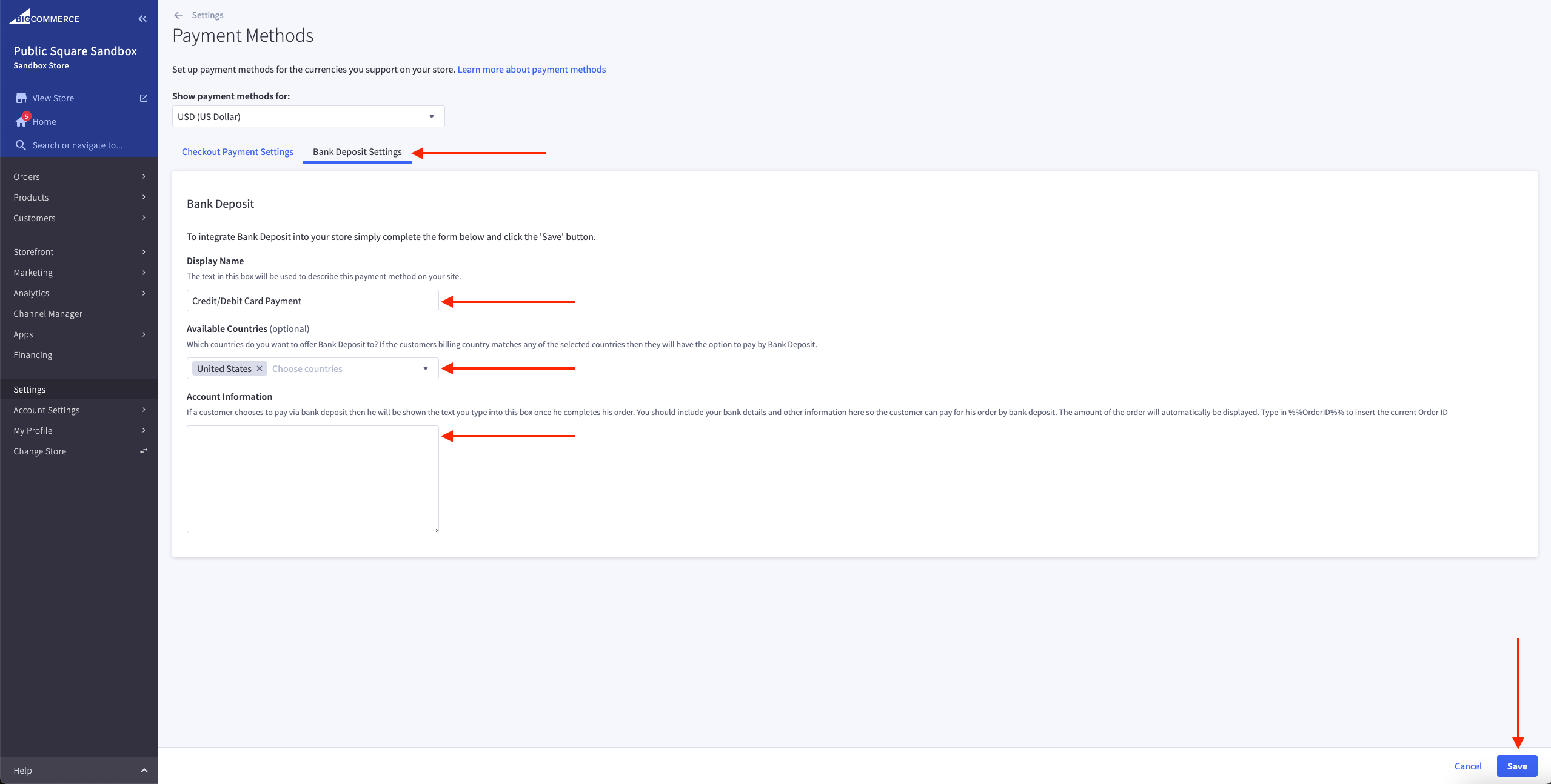 BigCommerce Merchant Bank Deposit Settings